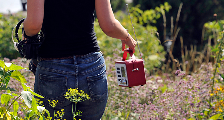 Det är sommar. Bilden visar en kvinna bakifrån. Hon går på en äng med blommor. Hon håller en radio i handen.