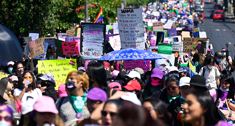 En lång rad med kvinnor på en gata. Flera kvinnor bär på plakat.