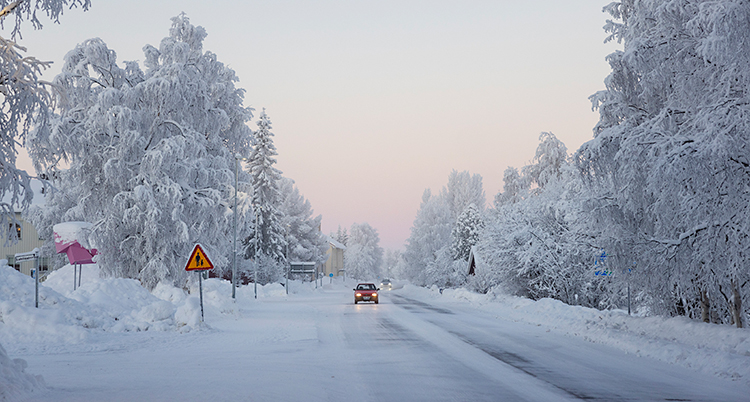 En gata i byn Vittangi. Det är vitt av snö och frost på marken och träden.