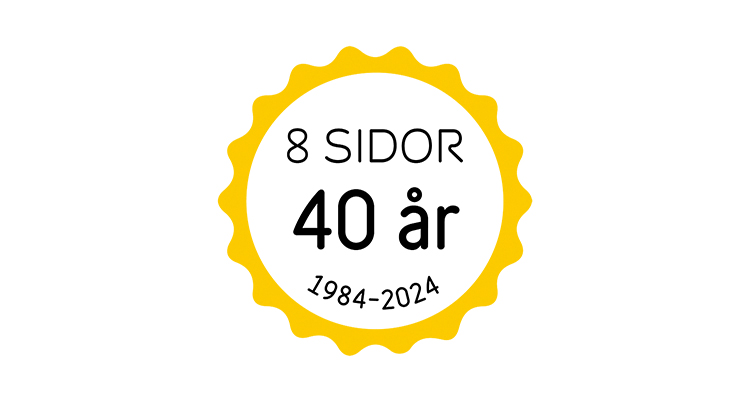En gul ring med flikar runt texten 8 Sidor 40 år, 1984-2024