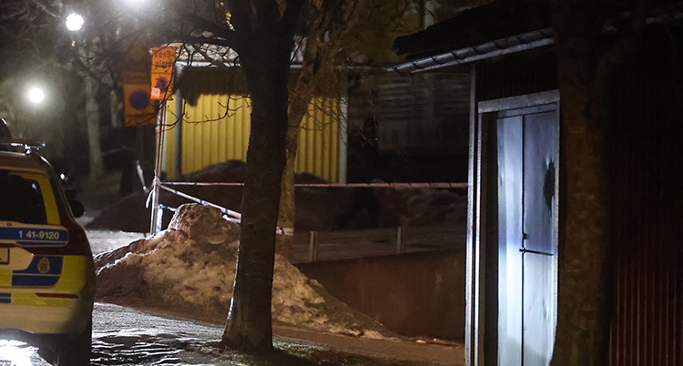 Det är mörkt. En polisbil syns.