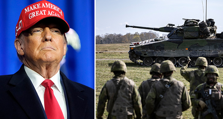 Två bilder, en med Donald Trump i keps och en med militärer vid en stridsvagn.