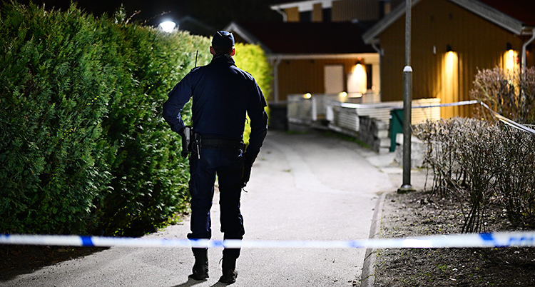 Det är mörkt ute. Poliserna har spärrat av i ett bostadsområde. En polis står med ryggen mot kameran.