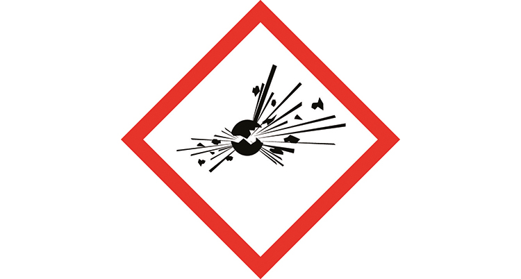 En tecknad bild av en bomb som exploderar. Runt bomben är en röd ram.