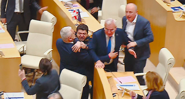 Från en sal i Georgiens riksdag. Flera personer håller fast en man som är arg.