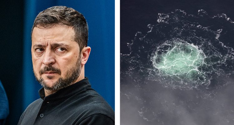 Två bilder. En på Zelenskyj som ser lite orolig ut. Den andra bilden föreställer bubblande vatten uppifrån.
