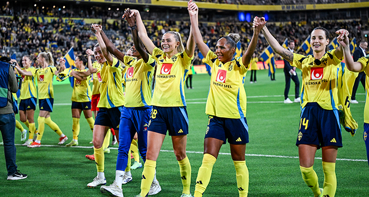 Glada spelare sträcker upp armarna framför publiken.